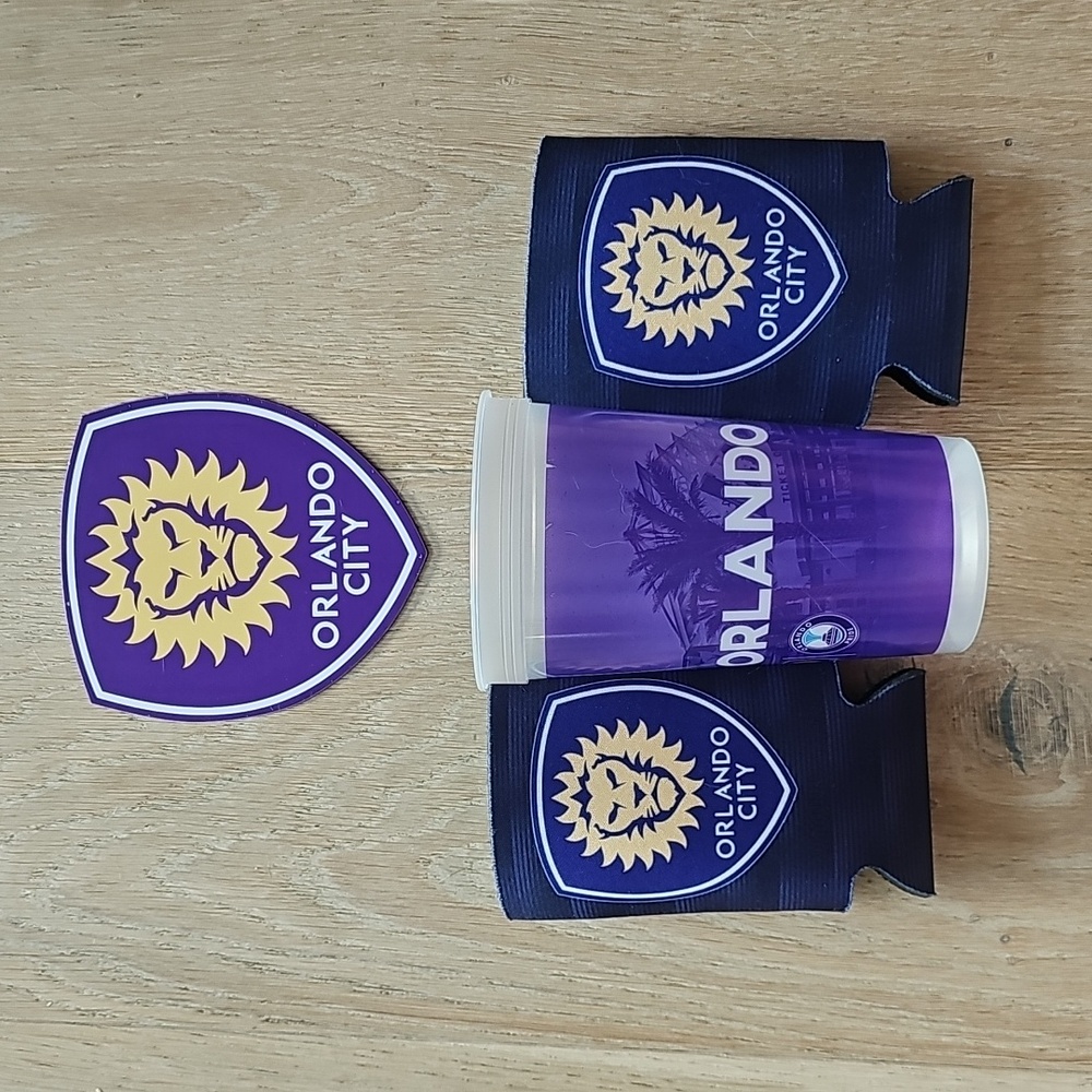 NWOT MLS Orlando City Soccer Stadium Cup, Magnet, And Koozies Set of 2